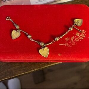 Vintage Gold Tone Charm Bracelet Textured Heart & Bead Charms Mid Century